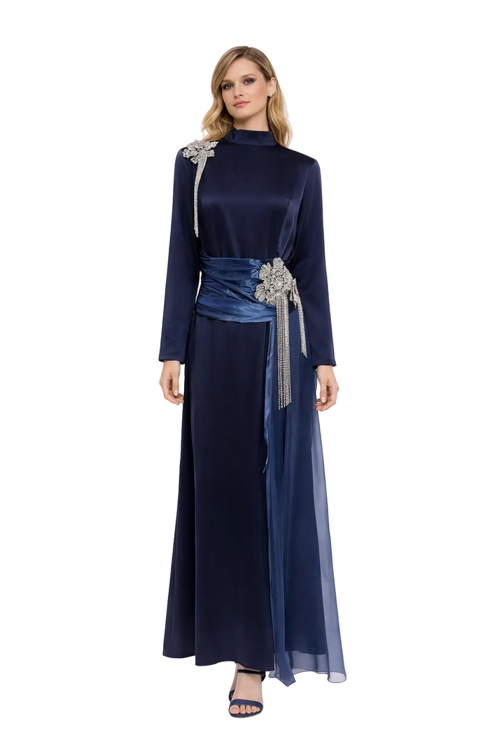 high neck satin maxi dress with crystal embellishments and side bow – CELESTE