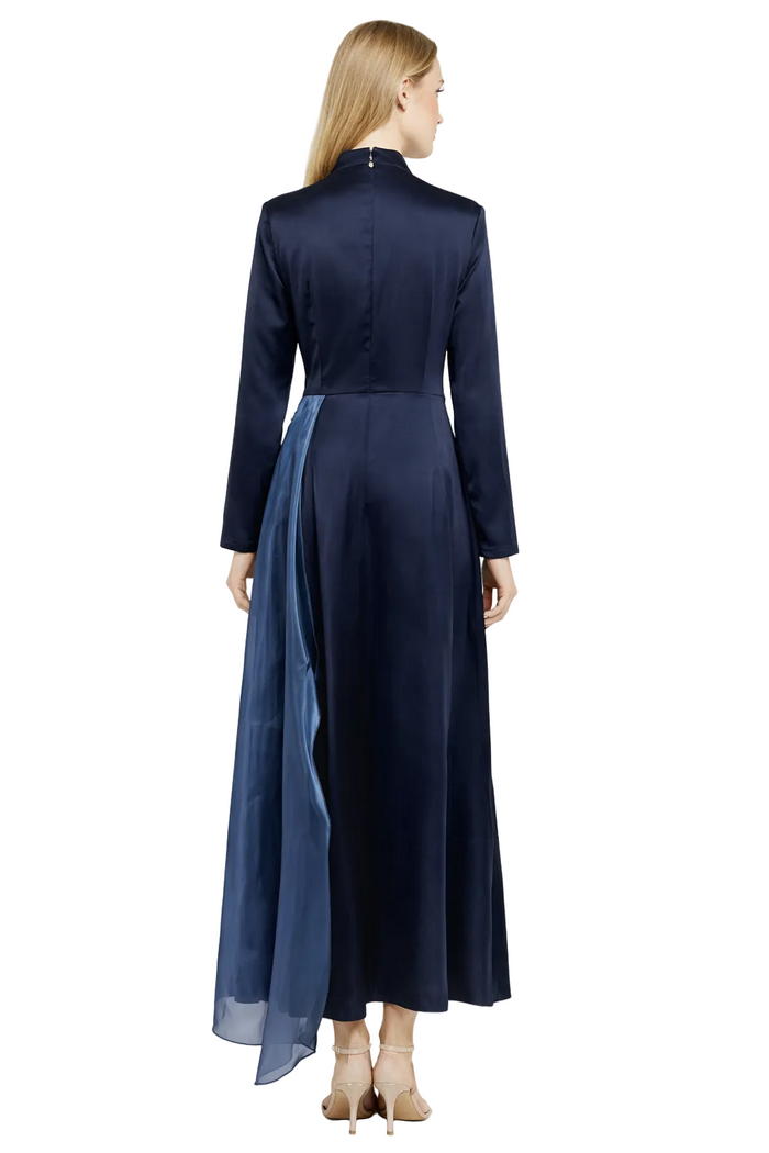 high neck satin maxi dress with crystal embellishments and side bow – CELESTE