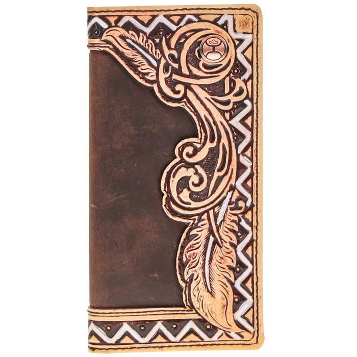 Hooey "War Paint" Brown/Tan Hand Tooled Aztec Feather Filigree Rodeo Wallet