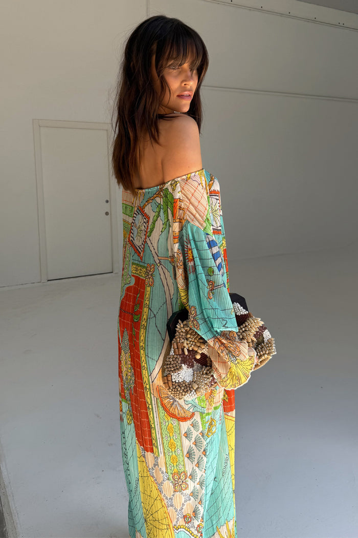 Isla Jem Dress in multi-colour stretch plisse featuring hand-painted motifs and an off-the-shoulder fit.