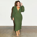 Khaki Celia Plisse Dress with sheer sleeves and plunging v-neck, styled with leopard print sandals.