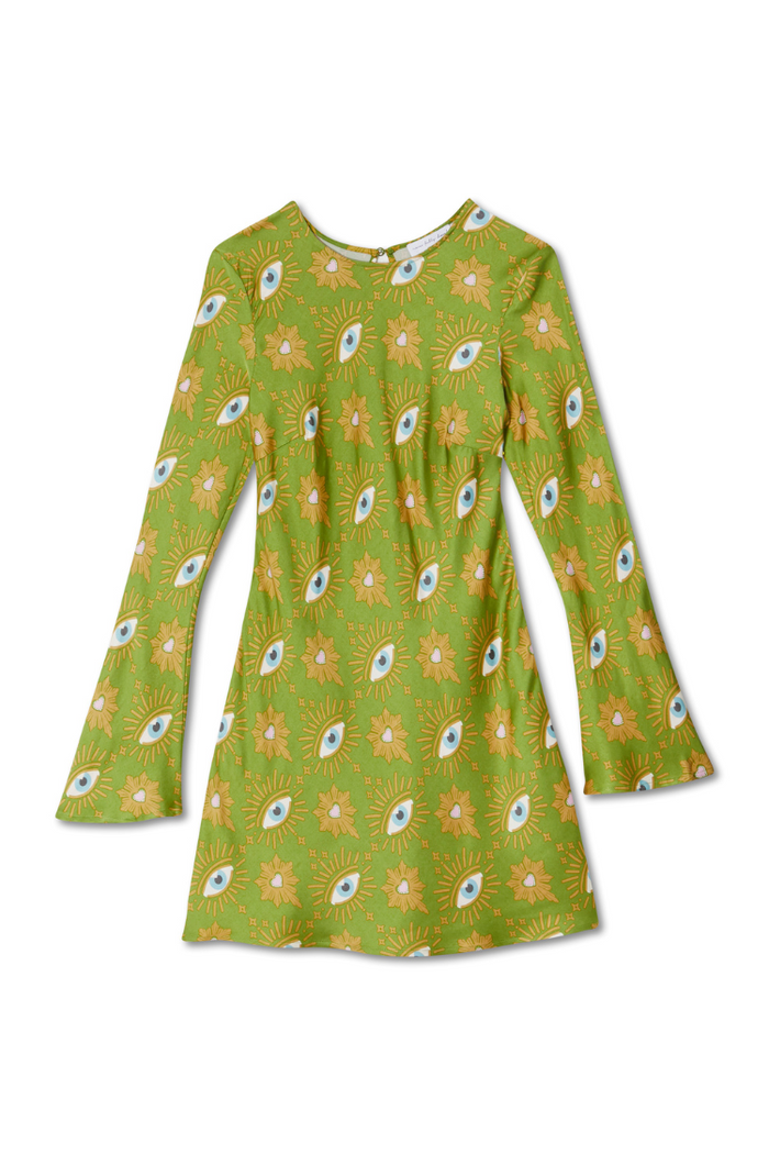 Khaki Eye Mini Soho Dress in green featuring the iconic eye print and long flared sleeves.