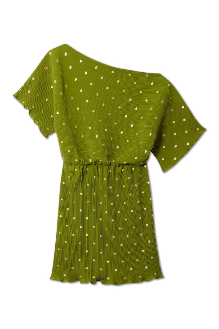 Khaki Mini Plisse Tilly Dress with gold flecks, featuring an asymmetric one-shoulder neckline.