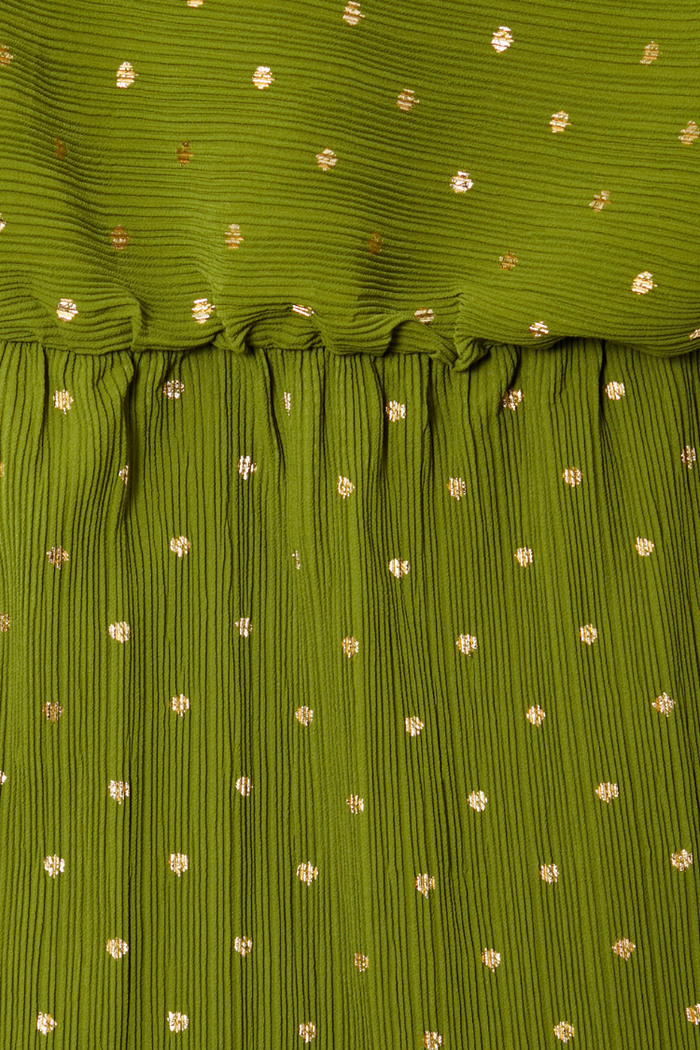 Khaki Mini Plisse Tilly Dress detail highlighting the textured green fabric, gold fleck print and elasticated waist.