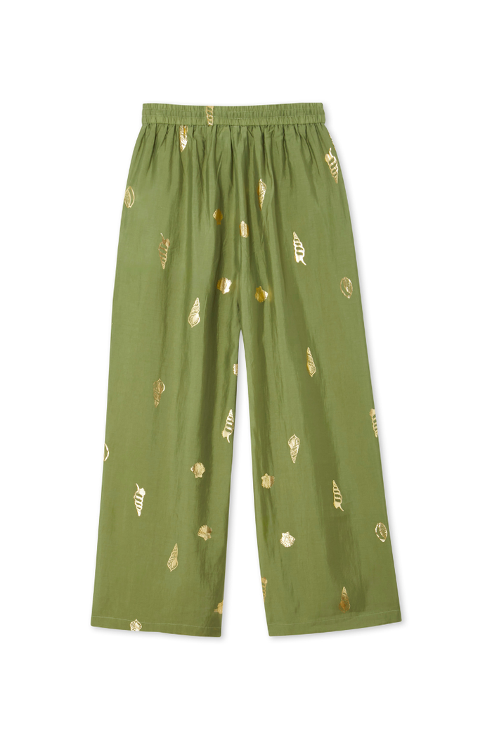 Wide-leg Khaki Shell Trousers with a metallic gold shell print and an elasticated waistband.