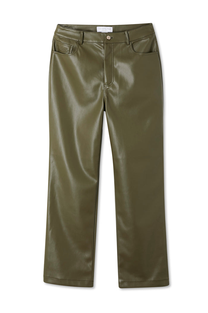 Khaki green vegan leather trousers with a straight-leg silhouette and pocket detailing on a white background.
