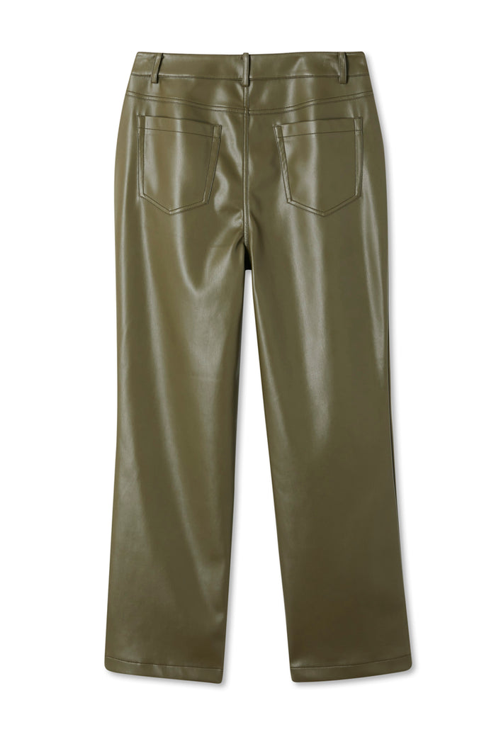 Khaki green vegan leather trousers featuring a straight leg and back pocket detailing.