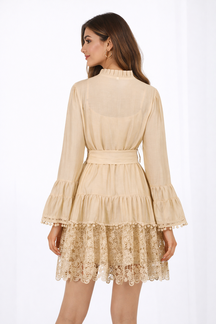 lace hem belted mini dress with ruffle neckline – SANDRÉ