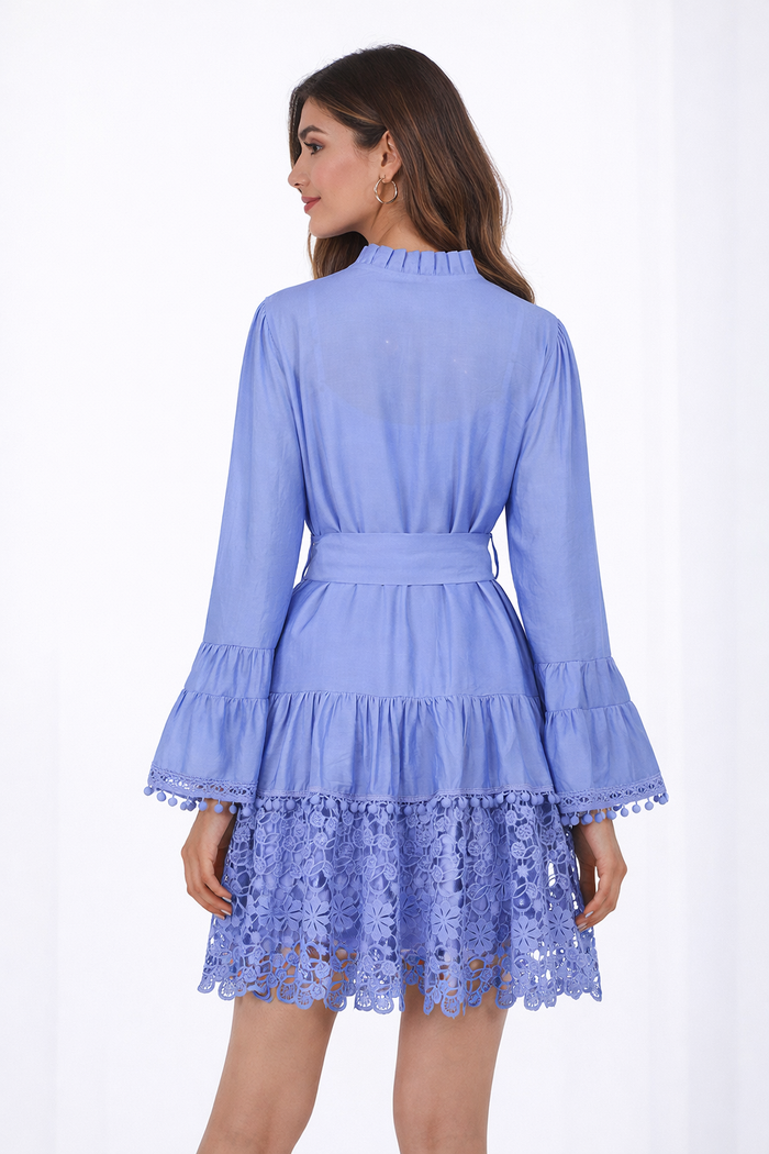 lace hem belted mini dress with ruffle neckline – SANDRÉ