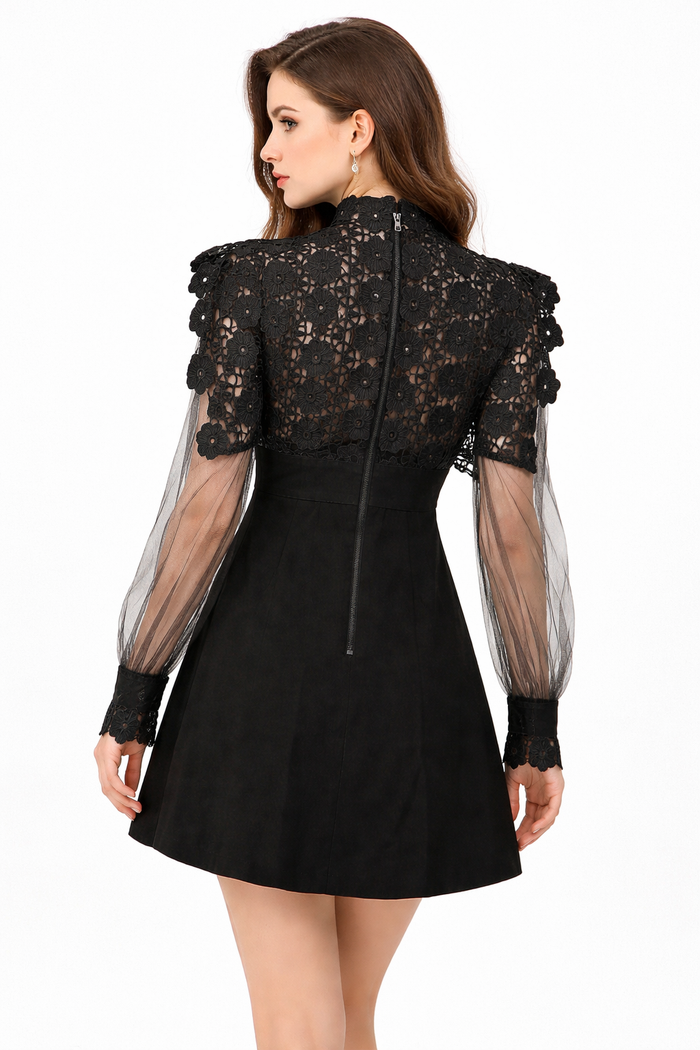 lace high-neck mini dress with sheer sleeves – BLOOM