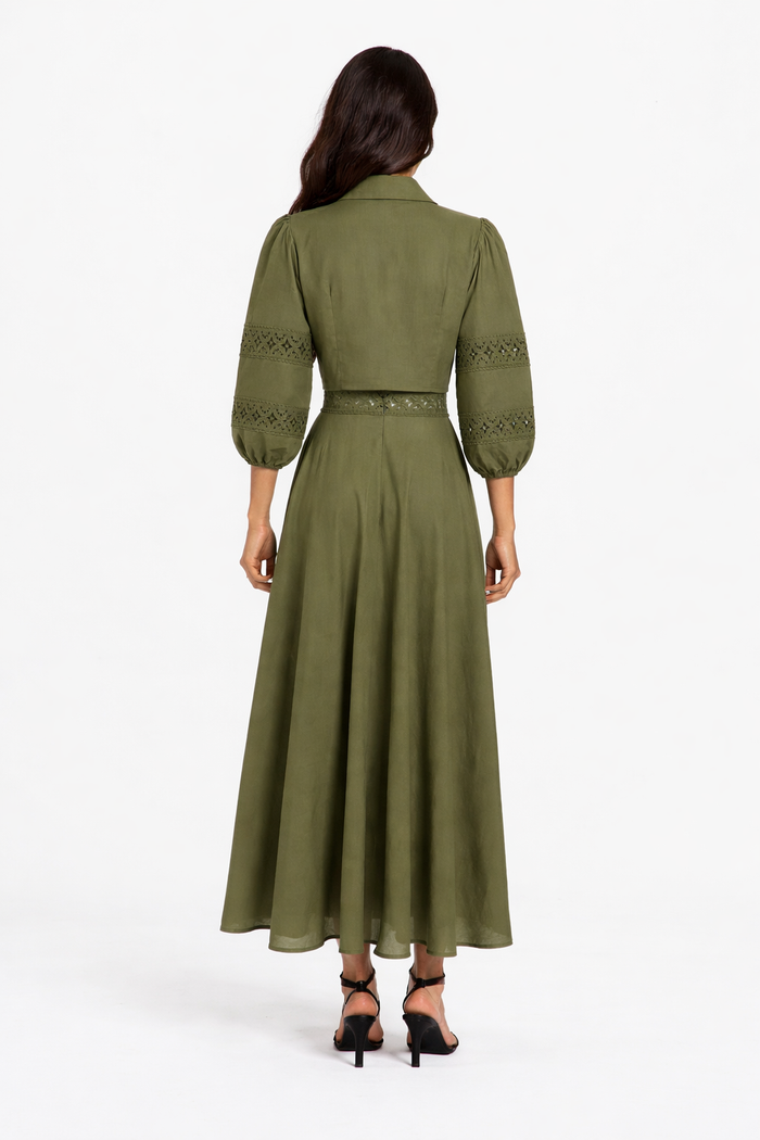 lace panel midi dress with front bow tie – LUMINA