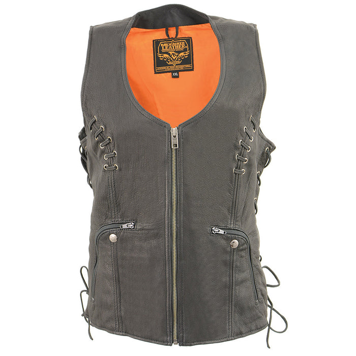 Ladies Covert Carry Vest: Features:

Made of Premium High-Grade Leather
Front Zipper Closure, Lacing Accents
Adjustable Side