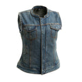 Ladies Lexi Blue Denim Vest: The Lexi is a clean, simple club style vest in our soft, comfy washed denim