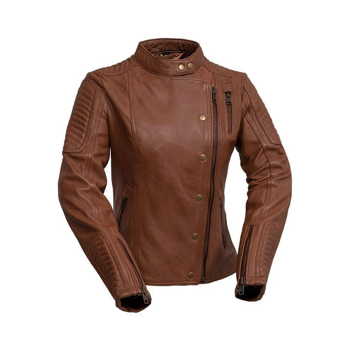 Ladies Zena Jacket Whiskey: With an off center zip plus snaps, this makes for a versatile wearing piece