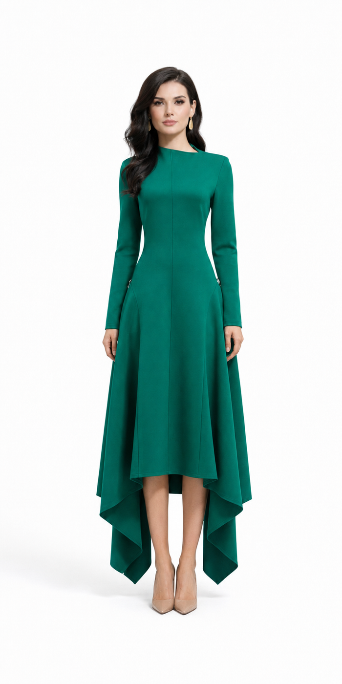 long-sleeve asymmetrical gown with draped back panel – EMERALDA