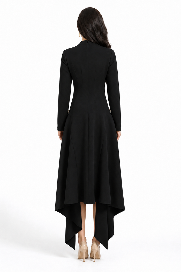 long-sleeve asymmetrical gown with draped back panel – EMERALDA