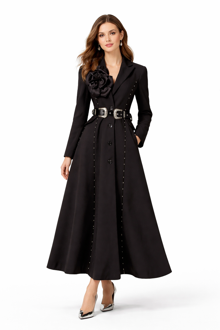 long sleeve blazer maxi dress with statement belt – MONARCH