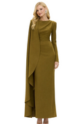 long sleeve draped column dress with asymmetric overlay – OLIVE