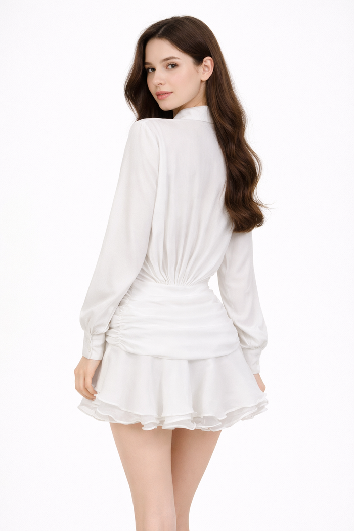 long-sleeve draped shirt dress with ruffle hem – MISTY