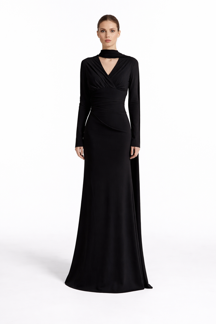 long-sleeve draped waist maxi dress with scarf neckline – RUBYYN