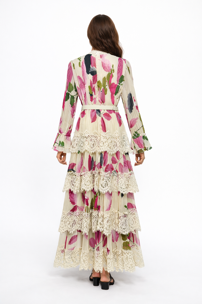 long sleeve floral lace tiered maxi dress with belt – BLOSSOM
