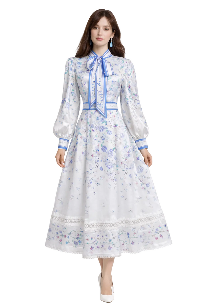 long sleeve floral midi dress with ribbon bow detail – FLORENCIA
