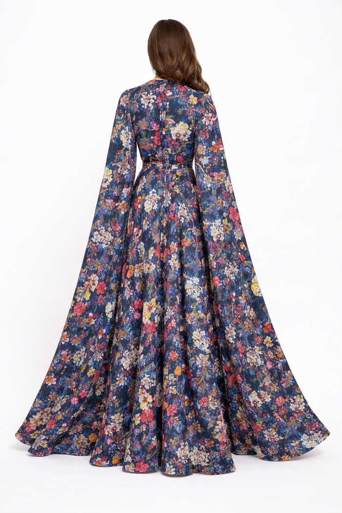 long sleeve floral print maxi dress with gathered neckline – BLOOMERA