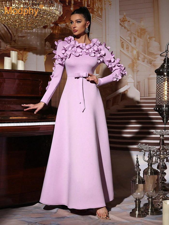 long-sleeve gown with 3D floral appliqués and belted waist – AMARA
