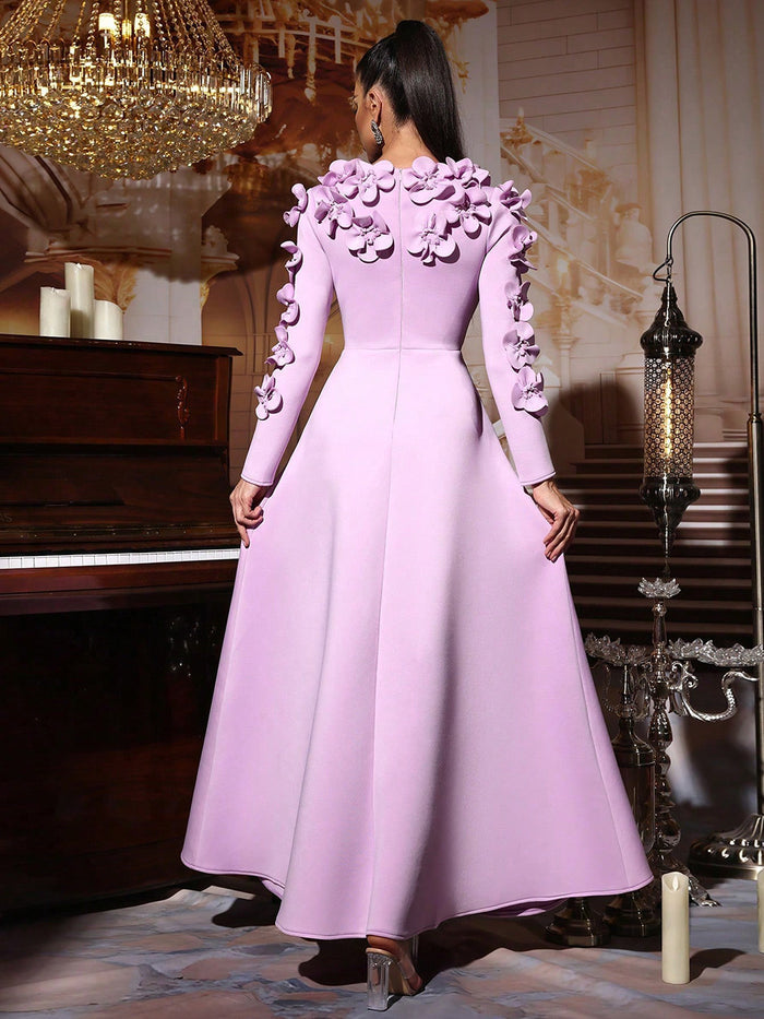 long-sleeve gown with 3D floral appliqués and belted waist – AMARA