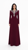 Long-Sleeve Maxi Dress with Ornate Embellished Neckline – BORDEAUX
