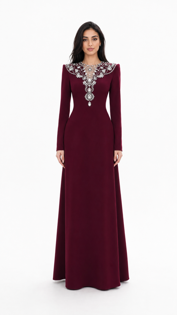 Long-Sleeve Maxi Dress with Ornate Embellished Neckline – BORDEAUX