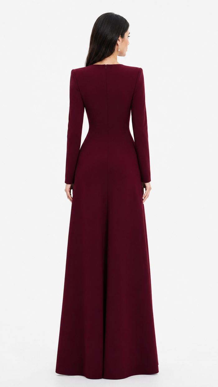 Long-Sleeve Maxi Dress with Ornate Embellished Neckline – BORDEAUX