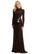 long sleeve ruched waist gown with crystal brooch – EMPRESS