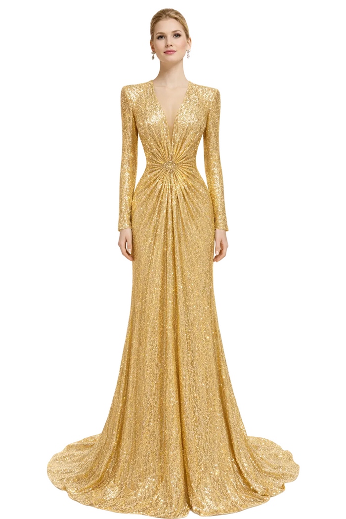 long-sleeve sequin evening gown with draped waist – GOLDEN