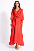 long sleeve wrap satin maxi dress with waist tie – RUBY