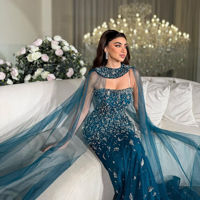 Luxury Blue Crystal Beaded Mermaid Evening Dress With Cape Sleeves LA73692