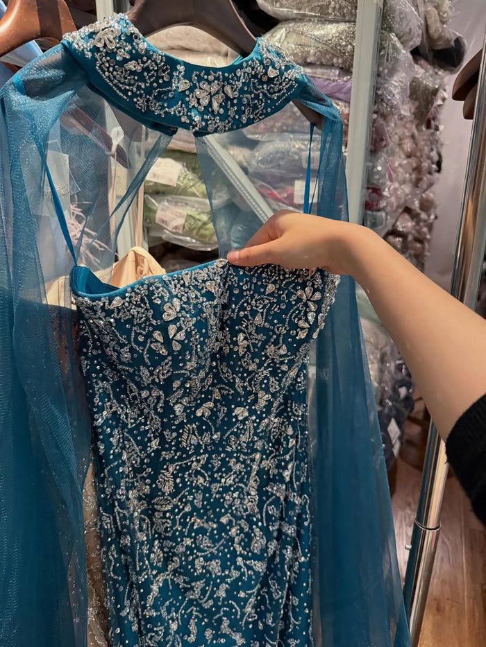 Luxury Blue Crystal Beaded Mermaid Evening Dress With Cape Sleeves LA73692