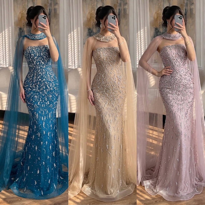 Luxury Blue Crystal Beaded Mermaid Evening Dress With Cape Sleeves LA73692