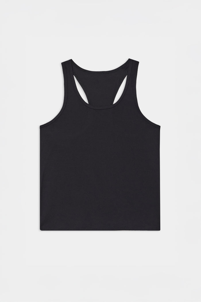 The SPLITS59 Mel Airweight Lite Tank in black, a racerback style ideal for hot yoga or Pilates, is shown laid flat on a white background.