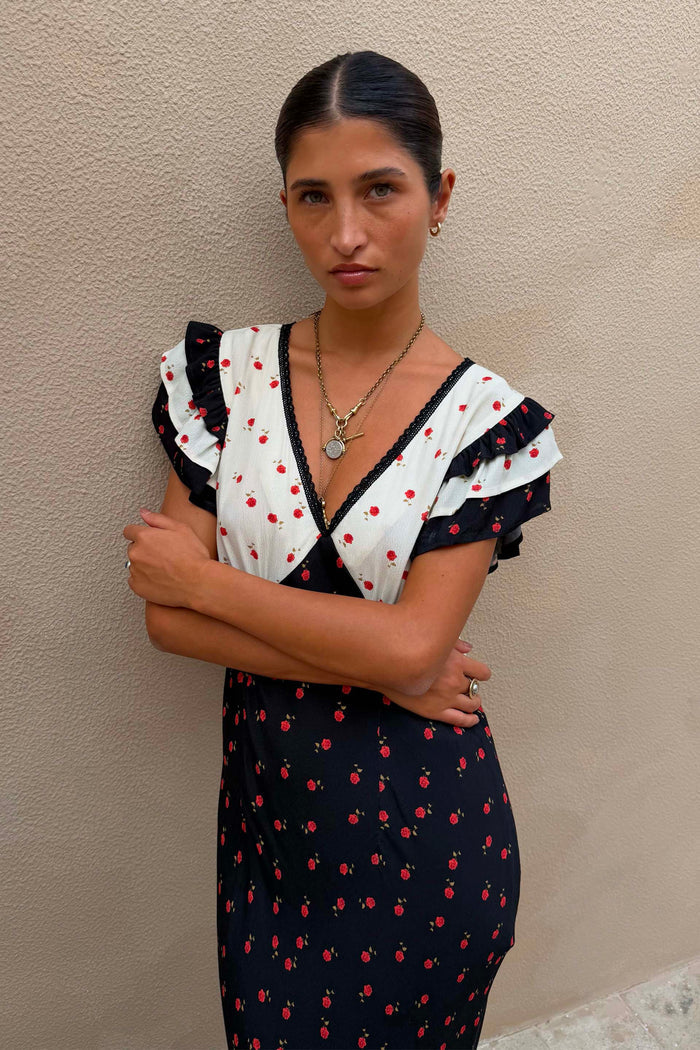 Mono Rose Betsy Midi Dress with red rose print panels, frill sleeves and a lace-trimmed V-neckline.