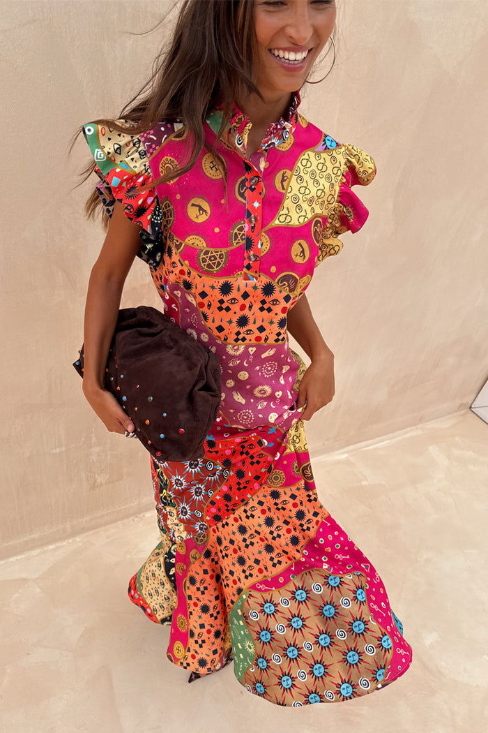 Multi-coloured Morocco Remi Dress featuring an abstract patchwork print, pleated frill sleeves and tortoise buttons.