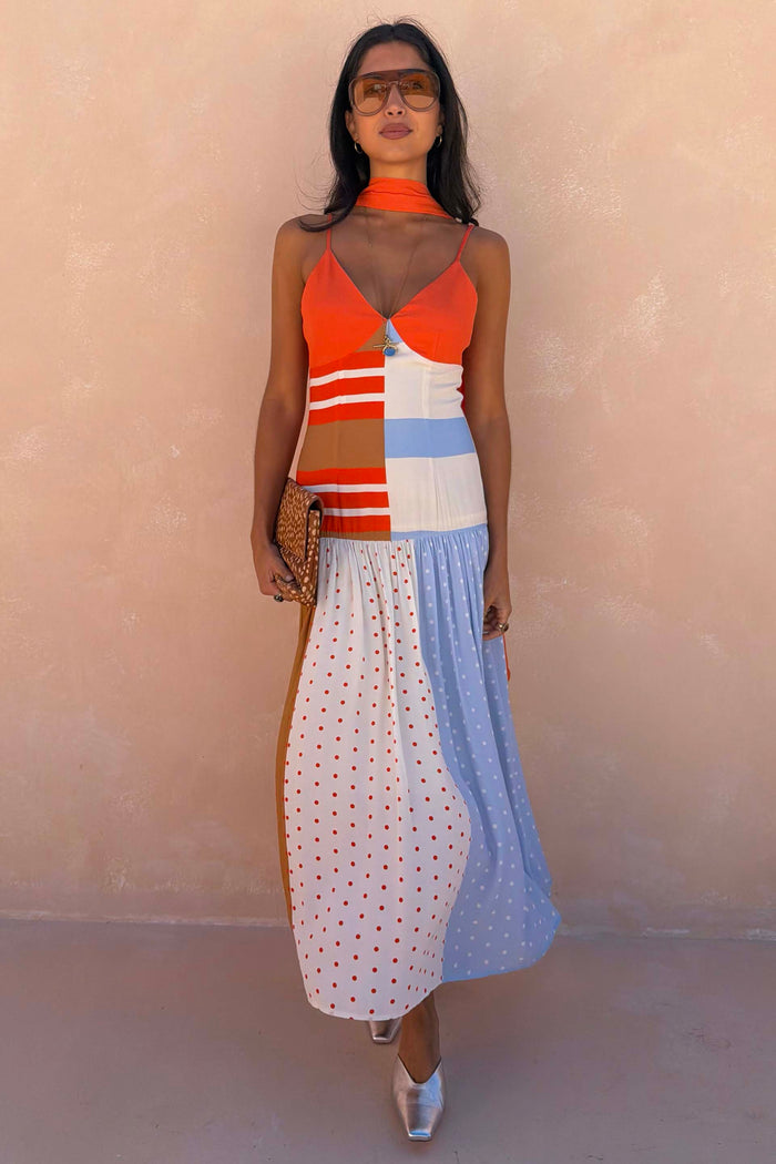 Multi Stripe Bea midaxi dress in orange and blue with a pleated skirt, polka dots and matching neck scarf.