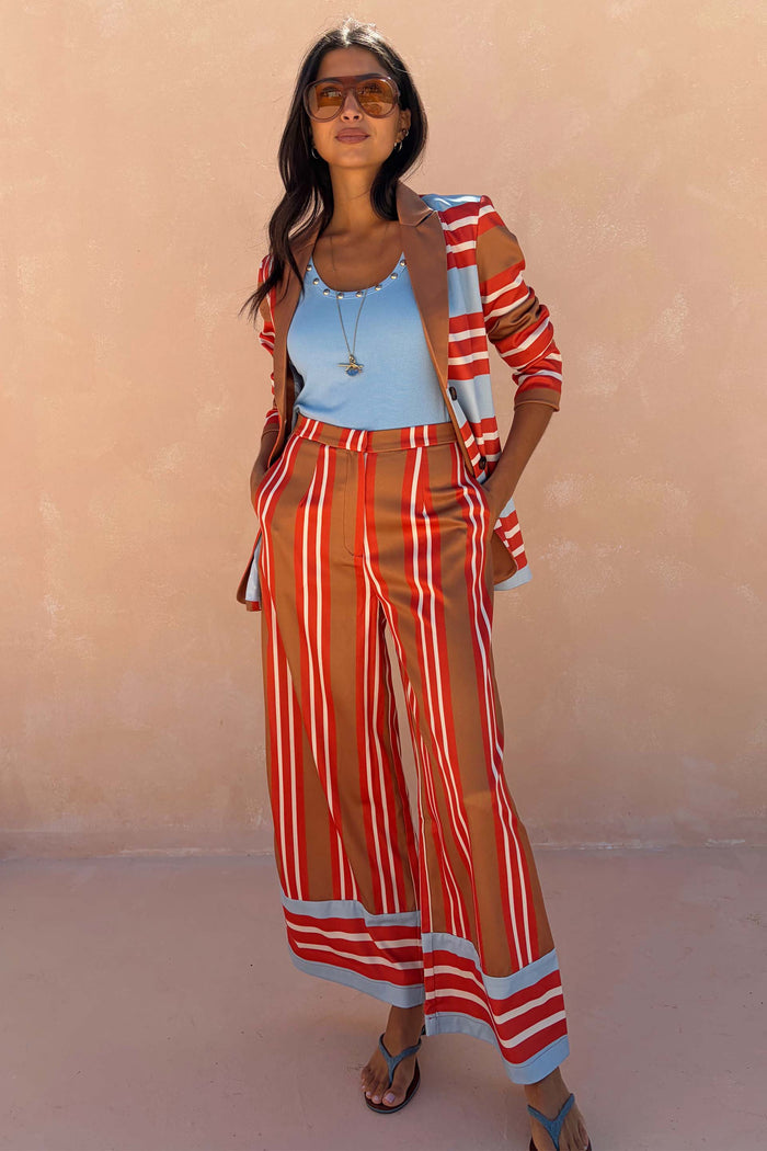 Wide-leg Multi Stripe Marnie Trousers with a satin-esque finish, styled with a matching blazer for feel good dressing.