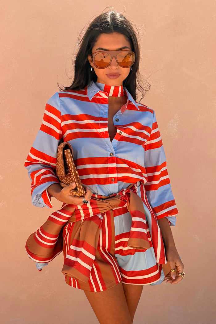 Multi Stripe Tie Shirt in blue and red cotton with a detachable neck tie for multi-wear styling.