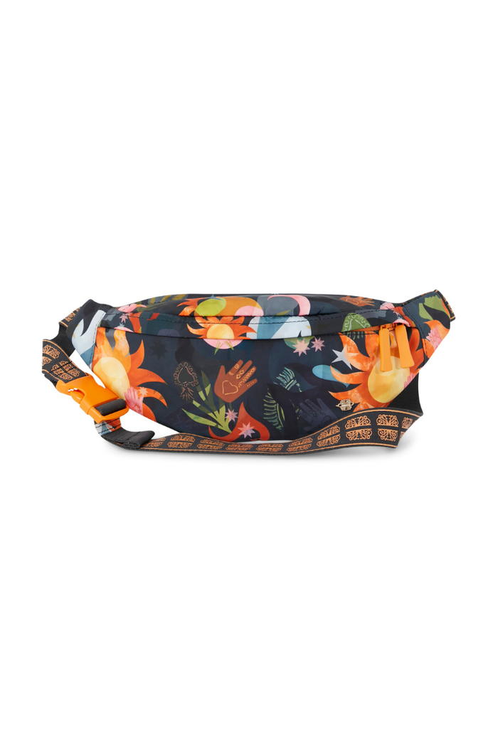 Navy Charm Bumbag with a hand-painted sun and star charm print, orange zip pulls and an adjustable buckle strap.