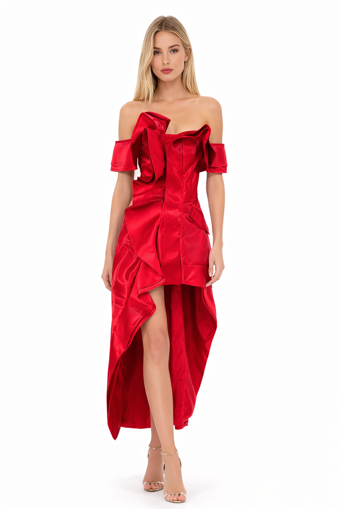 off-shoulder asymmetric ruffle satin dress – WAVE