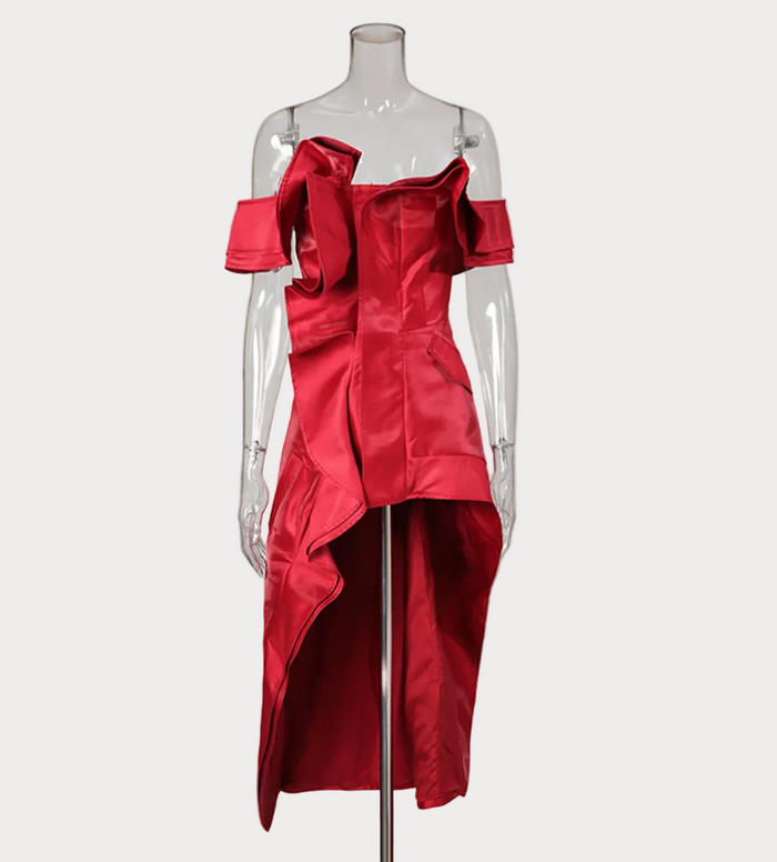 off-shoulder asymmetric ruffle satin dress – WAVE