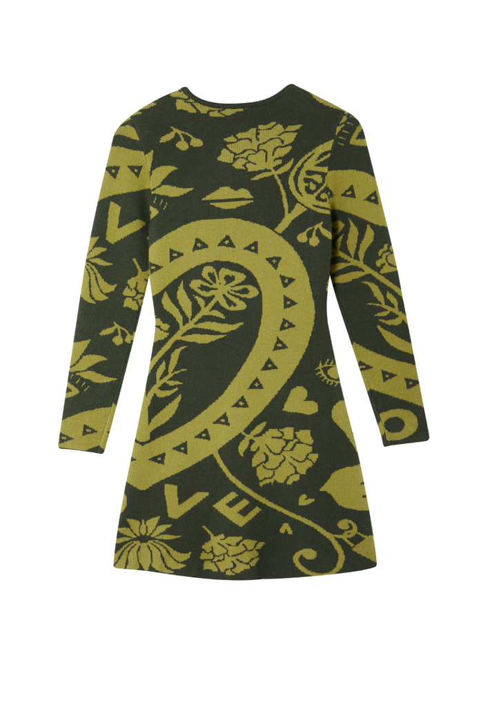 Olive Amara Knit Mini Dress in khaki with lime green iconic motifs including flowers, eyes, and hearts.