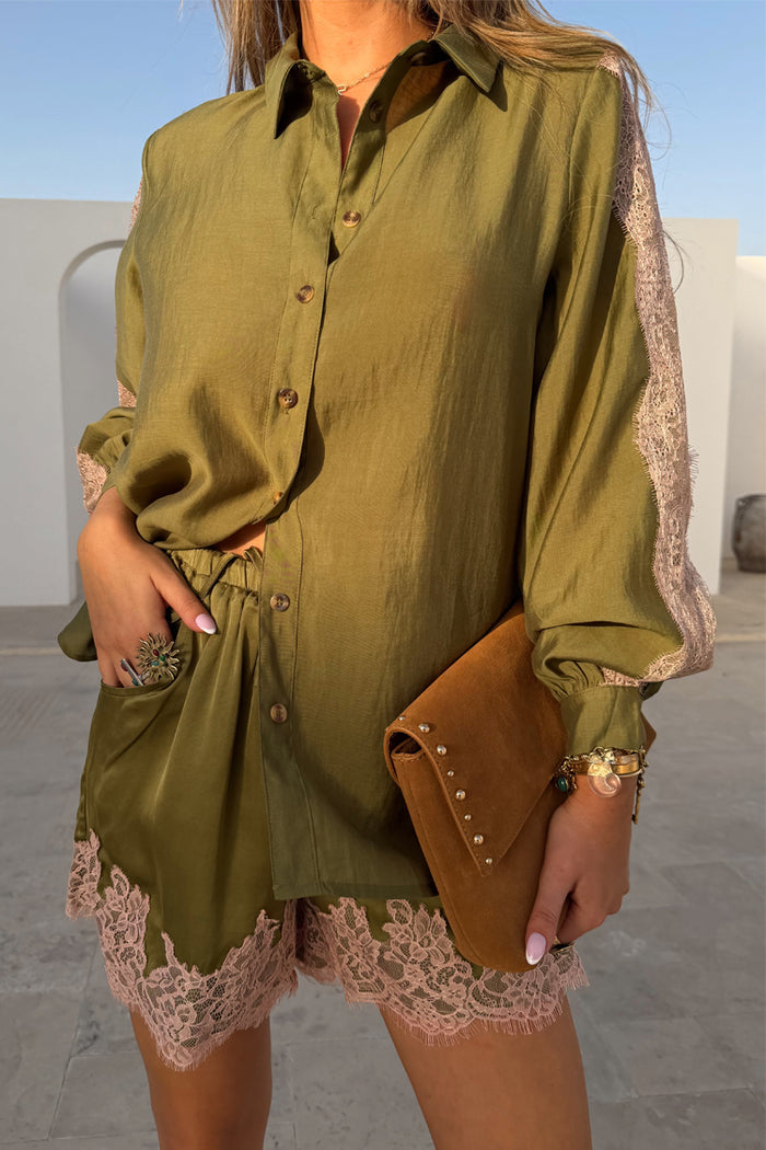 Olive and Pink Lace Shorts in khaki satin with a pink lace hem, styled as a co-ord with a matching shirt.