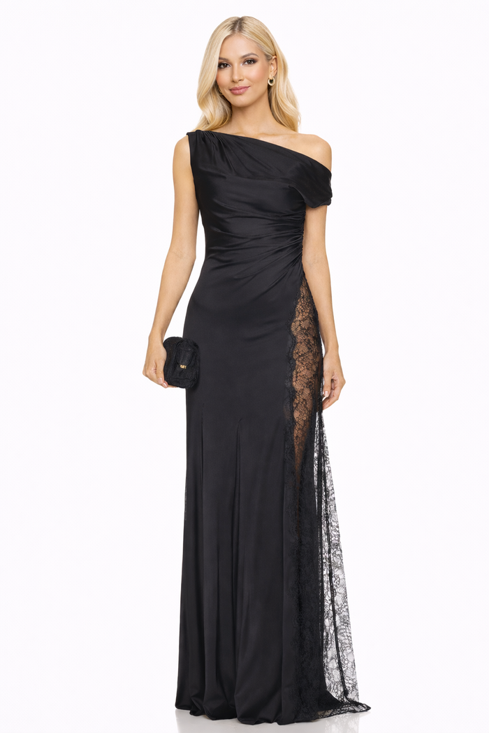 one-shoulder ruched gown with lace side panel – ALLURE